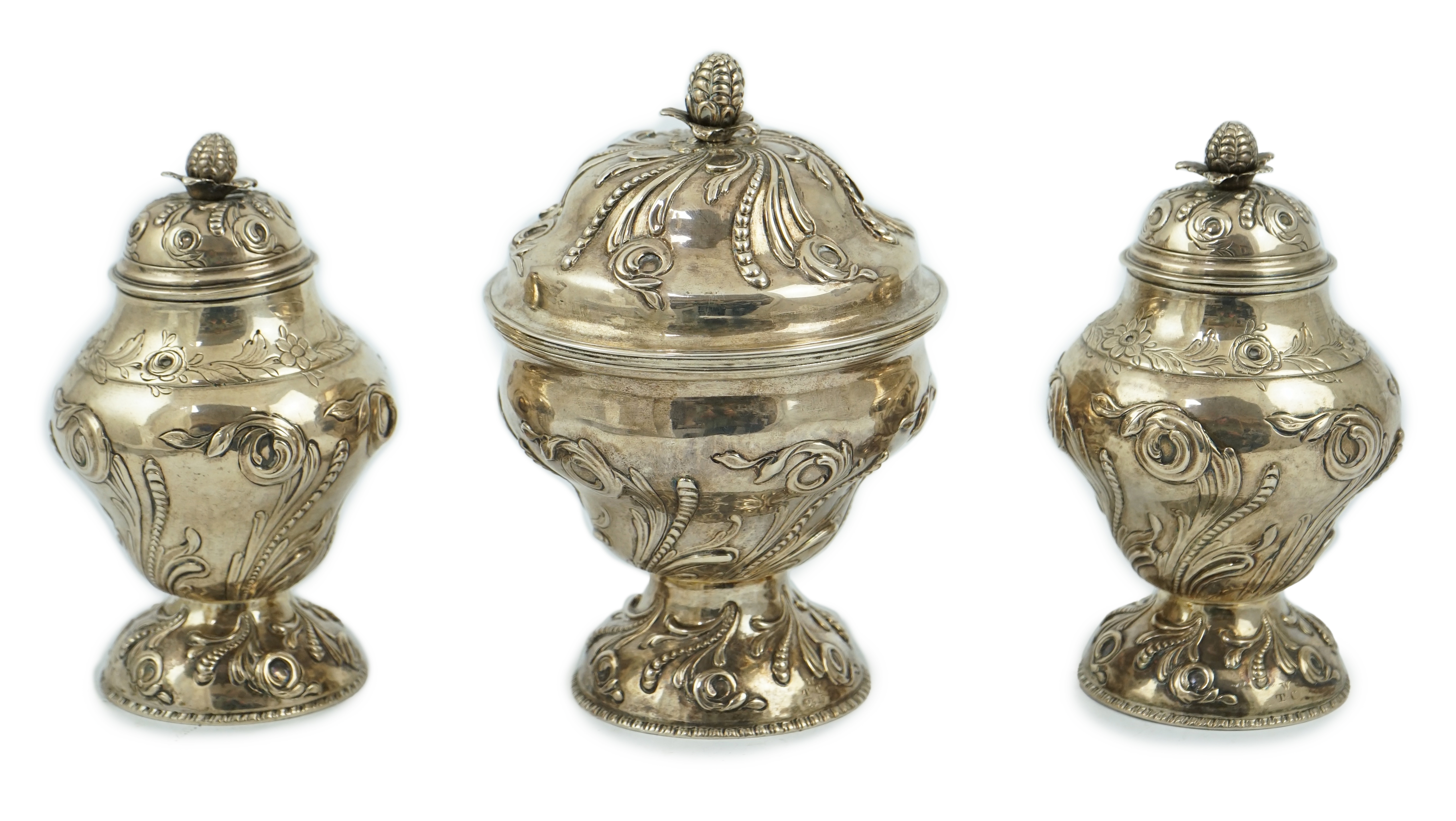 A pair of early George III silver tea caddies and a sugar bowl, by Samuel Taylor